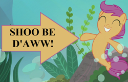 Size: 900x576 | Tagged: safe, edit, edited screencap, imported from derpibooru, screencap, scootaloo, seapony (g4), surf and/or turf, bubble, caption arrow, cropped, cute, cutealoo, female, happy, pun, seaponified, seapony scootaloo, seaweed, shoo be doo, species swap, text, underwater, your heart is in two places