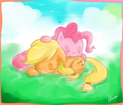 Size: 700x600 | Tagged: safe, artist:derpiihooves, imported from derpibooru, applejack, pinkie pie, earth pony, pony, chibi, cute, diapinkes, duo, eyes closed, female, jackabetes, mare, pony pile, sleeping