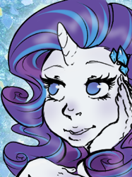 Size: 300x402 | Tagged: safe, artist:homosocks, imported from derpibooru, rarity, human, bust, cutie mark hair accessory, female, horn, horned humanization, humanized, no pupils, portrait, solo