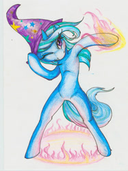 Size: 1166x1555 | Tagged: safe, artist:shad-o-ren, imported from derpibooru, trixie, semi-anthro, unicorn, female, magic, one eye closed, solo, traditional art