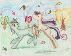 Size: 2478x1964 | Tagged: safe, artist:kriahfox, imported from derpibooru, bon bon, lyra heartstrings, sweetie drops, earth pony, pony, unicorn, colored pencil drawing, female, jumping, leaves, lesbian, lyrabon, mare, shipping, smiling, traditional art, tree, wind, windswept mane