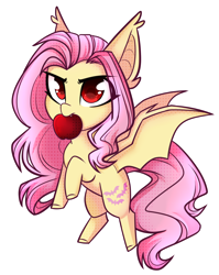 Size: 1300x1634 | Tagged: safe, artist:cloud-fly, imported from derpibooru, fluttershy, bat pony, pony, apple, bat ponified, chibi, female, flutterbat, food, mouth hold, race swap, simple background, solo, transparent background