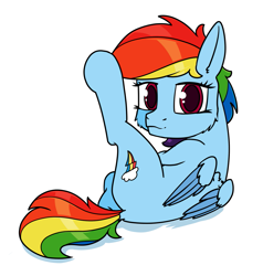 Size: 1143x1200 | Tagged: safe, artist:dacaoo, imported from derpibooru, rainbow dash, pegasus, pony, behaving like a cat, female, looking at you, lying, misleading thumbnail, raised hoof, simple background, solo, white background