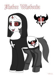 Size: 3211x4470 | Tagged: safe, artist:neoncel, imported from derpibooru, oc, oc only, oc:sister wisteria, demon, pony, black sclera, blackletter, clothes, inverted cross, nun, reference sheet, sharp teeth, simple background, solo, stockings, teeth, thigh highs, tongue out, upside down cross, white background