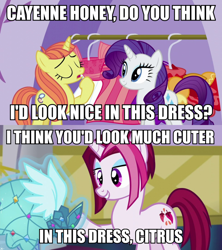 Size: 900x1012 | Tagged: safe, imported from derpibooru, screencap, cayenne, citrus blush, rarity, pony, unicorn, canterlot boutique, caption, clothes, dress, female, image macro, mare, princess dress, text