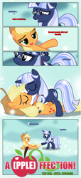 Size: 1919x4225 | Tagged: safe, artist:estories, imported from derpibooru, applejack, oc, oc:silverlay, earth pony, original species, pony, unicorn, comic:a(pple)ffection, applejack's hat, canon x oc, comic, cowboy hat, eyes closed, female, freckles, hat, kissing, lesbian, open mouth, shipping, silverjack, umbra pony, vector