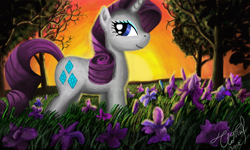 Size: 854x512 | Tagged: safe, artist:dreamyskies, imported from derpibooru, rarity, pony, unicorn, cutie mark, detailed background, evening, female, flower, forest, looking at you, mare, signature, smiley face, smiling, smiling at you, solo, standing, sunset, tree