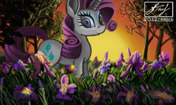 Size: 854x512 | Tagged: safe, alternate version, artist:dreamyskies, imported from derpibooru, rarity, pony, unicorn, cutie mark, detailed, detailed background, evening, eyelashes, female, flower, heart eyes, looking at you, makeup, mare, redraw, remake, rework, smiling at you, solo, standing, sunset, tree, wingding eyes