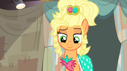 Size: 1280x720 | Tagged: safe, imported from derpibooru, screencap, applejack, earth pony, pony, simple ways, alternate hairstyle, applejewel, clothes, dress, female, mare, smiling, smirk, solo