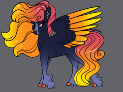 Size: 2800x2100 | Tagged: safe, artist:loryska, imported from derpibooru, oc, oc only, hybrid, pony, female, gray background, parent:autumn blaze, parent:king sombra, simple background, solo, two toned wings, unshorn fetlocks, wings