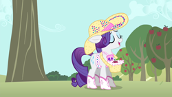 Size: 1280x720 | Tagged: safe, imported from derpibooru, screencap, rarity, pony, unicorn, simple ways, apple, apple tree, boots, female, hat, mare, shoes, tree