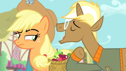 Size: 1280x720 | Tagged: safe, imported from derpibooru, screencap, applejack, trenderhoof, earth pony, pony, unicorn, simple ways, female, glasses, male, mare, stallion