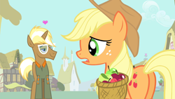 Size: 1280x720 | Tagged: safe, imported from derpibooru, screencap, applejack, trenderhoof, earth pony, pony, simple ways, apple, applebutt, butt, clothes, female, food, glasses, heart, male, mare, plot, shirt, stallion