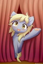 Size: 1280x1920 | Tagged: safe, artist:symbianl, imported from derpibooru, derpy hooves, pegasus, pony, hearth's warming eve (episode), blushing, colored underhoof, curtains, cute, derpabetes, ear fluff, female, frog (hoof), happy, heart, hoof heart, leg fluff, looking at you, neck fluff, open mouth, scene interpretation, solo, underhoof