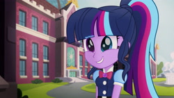 Size: 4096x2304 | Tagged: safe, artist:aryatheeditor, imported from derpibooru, sci-twi, twilight sparkle, equestria girls, my little pony: the movie, beautiful, bowtie, canterlot high, clothes, cute, cute face, digital art, female, geode of telekinesis, glasses, happy, heterochromia, jewelry, magical geodes, movie, movie accurate, movie reference, outfit, pendant, powerful sparkle, pretty, shiny, skirt, smiley face, smiling, smirk, solo, twiabetes