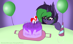 Size: 2670x1600 | Tagged: safe, artist:graphictoxin, artist:toxinagraphica, imported from derpibooru, oc, oc only, oc:daren, oc:graphic toxin, earth pony, pony, unicorn, balloon, birthday, cake, candle, cute, fangs, female, fluffy, food, happy, hat, mare, party hat, smiling, solo, table, tray