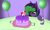 Size: 2670x1600 | Tagged: safe, artist:graphictoxin, artist:toxinagraphica, imported from derpibooru, oc, oc only, oc:daren, oc:graphic toxin, earth pony, pony, unicorn, balloon, birthday, cake, candle, cute, fangs, female, fluffy, food, happy, hat, mare, party hat, smiling, solo, table, tray