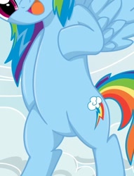 Size: 491x642 | Tagged: safe, artist:kaizenwerx, edit, imported from derpibooru, rainbow dash, pegasus, pony, belly, bipedal, cropped, featureless crotch, female, open mouth, pictures of bellies, solo