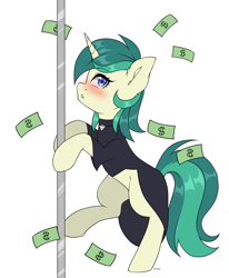 Size: 4125x5000 | Tagged: safe, artist:torihime, imported from derpibooru, oc, oc:spring starflower, pony, unicorn, blushing, choker, clothes, cute, female, money, pole dancing, stripper pole, trans female, trans girl, transgender