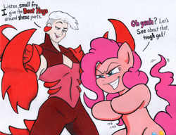 Size: 1000x766 | Tagged: safe, artist:aliciavanhammer, imported from derpibooru, pinkie pie, earth pony, pony, claws, crossover, dialogue, female, mare, scorpia, she-ra and the princesses of power, this will end in hugs, this will end in pain and/or hugs