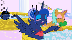 Size: 1600x900 | Tagged: safe, artist:evilfrenzy, imported from derpibooru, princess luna, oc, oc:frenzy, oc:miss grind, alicorn, pony, unicorn, alternate hairstyle, bath, bathing, bikini, bikini top, blushing, bubble, bubble bath, clothes, eyes closed, female, file, fruna, hair bun, horn filing, levitation, magic, onomatopoeia, show accurate, sleeping, sound effects, spa, spa pony, swimming, swimsuit, telekinesis, zzz