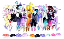 Size: 3416x2089 | Tagged: safe, artist:liaaqila, imported from derpibooru, oc, oc only, oc:dazzling drizzle, oc:deep dive, oc:heart shot, oc:luno presto, oc:nitelite flite, oc:oni ice, oc:scarlet diamond, oc:shadow moon (spy), oc:soaring sunlight, oc:techno dancer, cyber-questria, equestria girls, ..., armor, barefoot, bodysuit, bow, clothes, coat, crying, discarded clothing, equestria girls-ified, eyepatch, eyes closed, feather, feet, female, fetish, foot fetish, gloves, hair bow, headphones, headset, heart, high res, laughing, mask, multicolored hair, open mouth, rainbow hair, simple background, socks, soles, spy, spy suit, sunglasses, tears of laughter, tickle torture, tickling, traditional art, wall of tags, white background