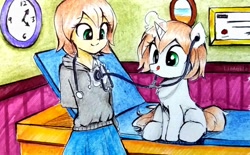 Size: 1134x704 | Tagged: safe, artist:liaaqila, imported from derpibooru, oc, oc only, oc:healing touch, pony, unicorn, equestria girls, checkup, clothes, commission, cute, duo, exam table, female, filly, heartbeat, hoodie, human ponidox, magic, self ponidox, sitting, skirt, smiling, stethoscope, traditional art