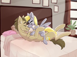 Size: 1842x1378 | Tagged: safe, artist:lillian, imported from derpibooru, derpy hooves, doctor whooves, time turner, earth pony, pegasus, pony, bed, bedroom, blanket, boop, chest fluff, commission, cuddling, cute, derpabetes, doctorderpy, ear fluff, eyes closed, female, flower, flower pot, grin, hug, male, mare, open mouth, pillow, raised hoof, shipping, smiling, stallion, straight, ych result