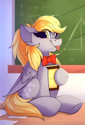 Size: 1250x1849 | Tagged: safe, artist:shadowreindeer, imported from derpibooru, derpy hooves, pegasus, pony, book, bowtie, cute, cyrillic, derpabetes, female, mare, russian, sitting, solo, teacher, tongue out, underhoof