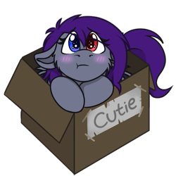 Size: 569x570 | Tagged: safe, artist:rokosmith26, imported from derpibooru, part of a set, oc, oc only, oc:sonar amethyst, bat pony, pony, blushing, box, cheek fluff, chibi, commission, cute, eye clipping through hair, female, floppy ears, heterochromia, looking at you, mare, pony in a box, pouting, puppy dog eyes, roko's box ponies, simple background, solo, tail, text, transparent background, ych result