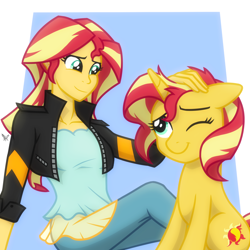 Size: 2048x2048 | Tagged: safe, artist:whitequartztheartist, imported from derpibooru, sunset shimmer, pony, unicorn, equestria girls, female, human ponidox, looking at each other, mare, one eye closed, petting, self ponidox, smiling