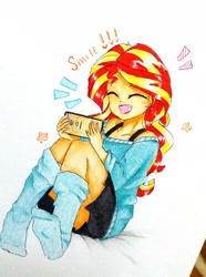 Size: 2246x3023 | Tagged: safe, artist:liaaqila, imported from derpibooru, sunset shimmer, equestria girls, blushing, bra, bra strap, cellphone, clothes, cute, exclamation point, eyes closed, female, happy, hnnng, marker drawing, mobile, off shoulder, phone, shimmerbetes, simple background, sitting, skirt, smartphone, smiling, socks, solo, stars, sweater, traditional art, underwear, white background