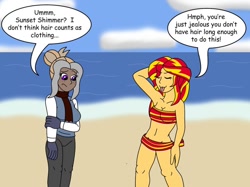 Size: 1024x766 | Tagged: safe, artist:gameboysage, imported from derpibooru, sunset shimmer, oc, oc:textile, comic:where the sunsets but don't shine, equestria girls, belly button, bikini, breasts, cleavage, clothed female nude female, clothes, dialogue, female, godiva hair, nudist, nudist sunset shimmer, nudity, strategically covered, swimsuit, unembarrassed nude female