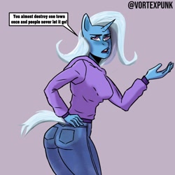 Size: 1024x1024 | Tagged: safe, artist:vortexpunk, imported from derpibooru, trixie, anthro, ass, butt, clothes, female, hoodie, jeans, pants, solo, the great and powerful ass