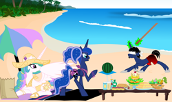 Size: 1600x954 | Tagged: safe, artist:evilfrenzy, imported from derpibooru, princess celestia, princess luna, oc, oc:frenzy, alicorn, pony, beach, bikini, blindfold, cake, clothes, drink, female, food, fruna, male, mare, melon, ocean, show accurate, stallion, stick, swimming trunks, swimsuit, tail, tail hole, umbrella