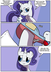 Size: 479x677 | Tagged: safe, artist:ltcolonelwhipper, artist:rex-equinox, imported from derpibooru, rarity, pony, unicorn, comic:coming of age, age progression, bottle, comic, commission, confused, drinking, female, looking sideways, mare, note, onomatopoeia, open mouth, potion, raised hoof, smiling, solo, speech bubble, story included, transformation, transformation sequence