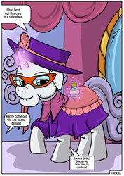 Size: 2480x3507 | Tagged: safe, artist:ltcolonelwhipper, artist:rex-equinox, imported from derpibooru, rarity, pony, unicorn, comic:coming of age, age progression, alternate hairstyle, blanket, bottle, bow, clothes, comic, commission, curly hair, dialogue, dress, ear piercing, earring, elderly, female, floppy ears, glasses, glowing horn, hat, high res, horn, i can't believe it's not idw, implied spike, jewelry, levitation, lidded eyes, liver spots, magic, magic aura, mare, offscreen character, older, older rarity, piercing, potion, raised hoof, rarity's glasses, shawl, smiling, solo, speech bubble, story included, telekinesis, the end, transformation, transformation sequence, wrinkles