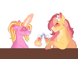 Size: 2000x1500 | Tagged: safe, artist:uunicornicc, imported from derpibooru, luster dawn, oc, oc:strawberry sunrise, pegasus, pony, alcohol, chest fluff, drinking straw, female, glass, magic, mare, offspring, parent:flash sentry, parent:sunset shimmer, parents:flashimmer, simple background, white background