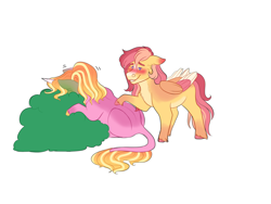 Size: 2000x1500 | Tagged: safe, artist:uunicornicc, imported from derpibooru, luster dawn, oc, oc:strawberry sunrise, pegasus, pony, bush, colored wings, female, implied vomit, mare, multicolored wings, offspring, parent:flash sentry, parent:sunset shimmer, parents:flashimmer, simple background, white background, wings