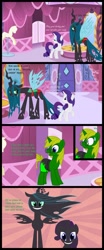 Size: 1600x3847 | Tagged: safe, artist:evilfrenzy, imported from derpibooru, queen chrysalis, rarity, oc, changeling, pony, unicorn, bikini, carousel boutique, clothes, comic, eyes closed, female, leaves, lidded eyes, male, mare, one-piece swimsuit, show accurate, stallion, swimming trunks, swimsuit