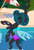 Size: 760x1115 | Tagged: safe, artist:evilfrenzy, imported from derpibooru, queen chrysalis, changeling, changeling queen, alternate hairstyle, beach, clothes, cropped, cute, cutealis, eyes closed, female, hair bun, mare, one-piece swimsuit, open-back swimsuit, show accurate, swimsuit