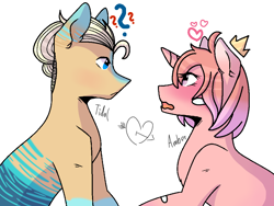 Size: 1024x768 | Tagged: safe, artist:pasteldraws, imported from derpibooru, oc, oc:amber, oc:tidal-wave, earth pony, pony, unicorn, bandaid, base used, blushing, couple, crown, crush, cute, duo, female, heart, jewelry, love, male, oc x oc, princess, question mark, regalia, shipping, simple background, straight, surfer