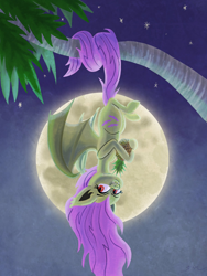 Size: 1536x2048 | Tagged: safe, artist:catscratchpaper, imported from derpibooru, fluttershy, bat, bat pony, fruit bat, pony, bat ponified, fangs, female, flutterbat, food, fruit bat pony, full moon, holding, hoof hold, looking at you, mare, moon, night, outdoors, palm tree, pineapple, prehensile tail, race swap, red eyes, smiling, solo, spread wings, stars, three quarter view, tree, upside down, wings