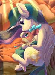 Size: 1584x2154 | Tagged: safe, artist:firefanatic, imported from derpibooru, princess celestia, velvet reindeer, alicorn, deer, pony, reindeer, them's fightin' herds, bed, blanket, blushing, community related, cuddling, cute, embarrassed, missing accessory, momlestia, pillow, smiling, story included, velvet (tfh)