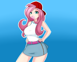 Size: 4351x3500 | Tagged: safe, alternate version, artist:caoscore, imported from derpibooru, fluttershy, human, 90s grunge fluttershy, big breasts, breasts, bubblegum, busty fluttershy, cap, clothes, female, food, gradient background, gum, hand on hip, hat, humanized, looking at you, skirt, solo