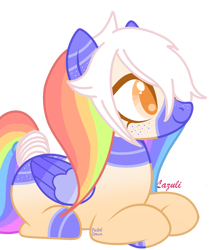 Size: 1416x1635 | Tagged: safe, artist:pasteldraws, imported from derpibooru, oc, oc only, oc:cirrus duvet, pegasus, pony, base used, comfort oc, comfort pony, cute, freckles, lying down, multicolored hair, pigtails, rainbow hair, simple background, solo, transparent background