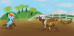 Size: 1280x625 | Tagged: safe, artist:pzkratzer, imported from derpibooru, gilda, rainbow dash, griffon, pegasus, pony, butt, cute, gilda is amused, gildadorable, messy, mountain, mud, mud bath, mud fight, mud play, muddy, one eye closed, plot, wet and messy