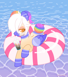 Size: 1800x2040 | Tagged: safe, artist:pasteldraws, imported from derpibooru, oc, oc only, oc:cirrus duvet, pegasus, pony, base used, boba tea, comfort oc, comfort pony, cute, freckles, hair bun, multicolored hair, ocean, rainbow hair, relaxing, solo, vacation, water