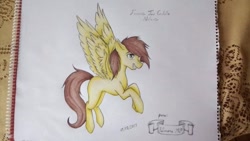 Size: 1080x607 | Tagged: safe, artist:fernandojc-draftsman, imported from derpibooru, oc, oc only, pegasus, pony, flying, grin, male, pegasus oc, signature, smiling, solo, stallion, traditional art, wings