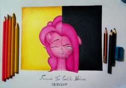 Size: 1810x1260 | Tagged: safe, alternate version, artist:fernandojc-draftsman, imported from derpibooru, pinkie pie, earth pony, pony, bust, colored, crying, duality, eyes closed, female, floppy ears, mare, pinkamena diane pie, signature, smiling, split screen, traditional art, two sides